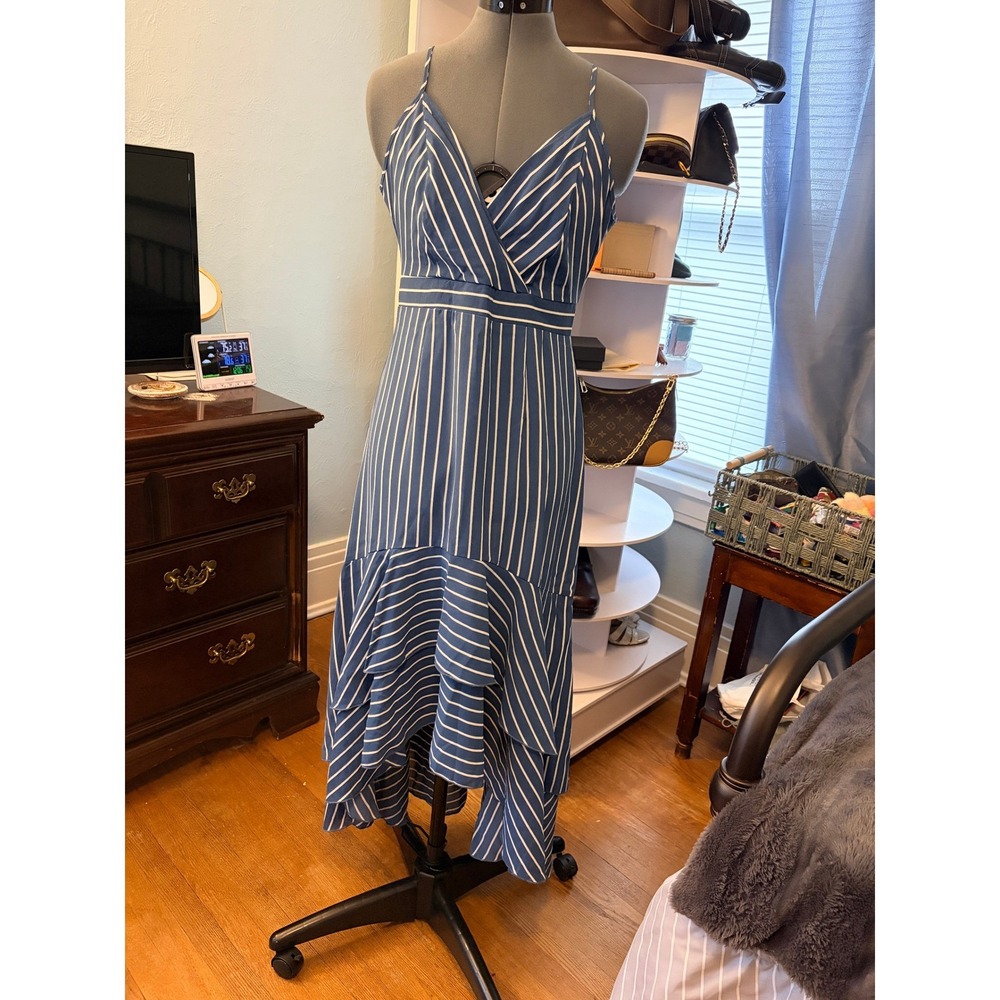 Blue White Striped High Low Midi Ruffle Hem Small Sundress Wedding Guest Beach